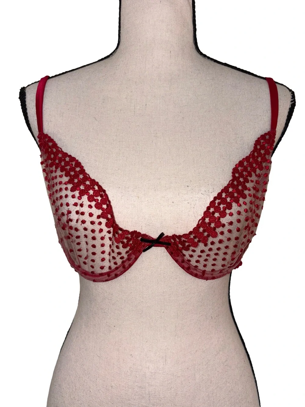 Fleur du Mal Dotty Demi Bra Pop Cherry Red Sheer Mesh 36D